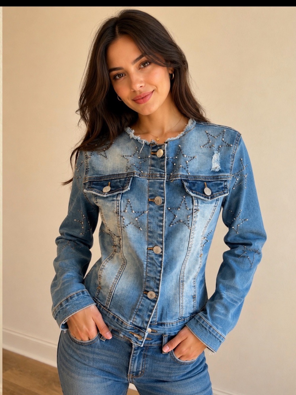 Tintoretto,Embellished Star Denim Jacket in Light Blue